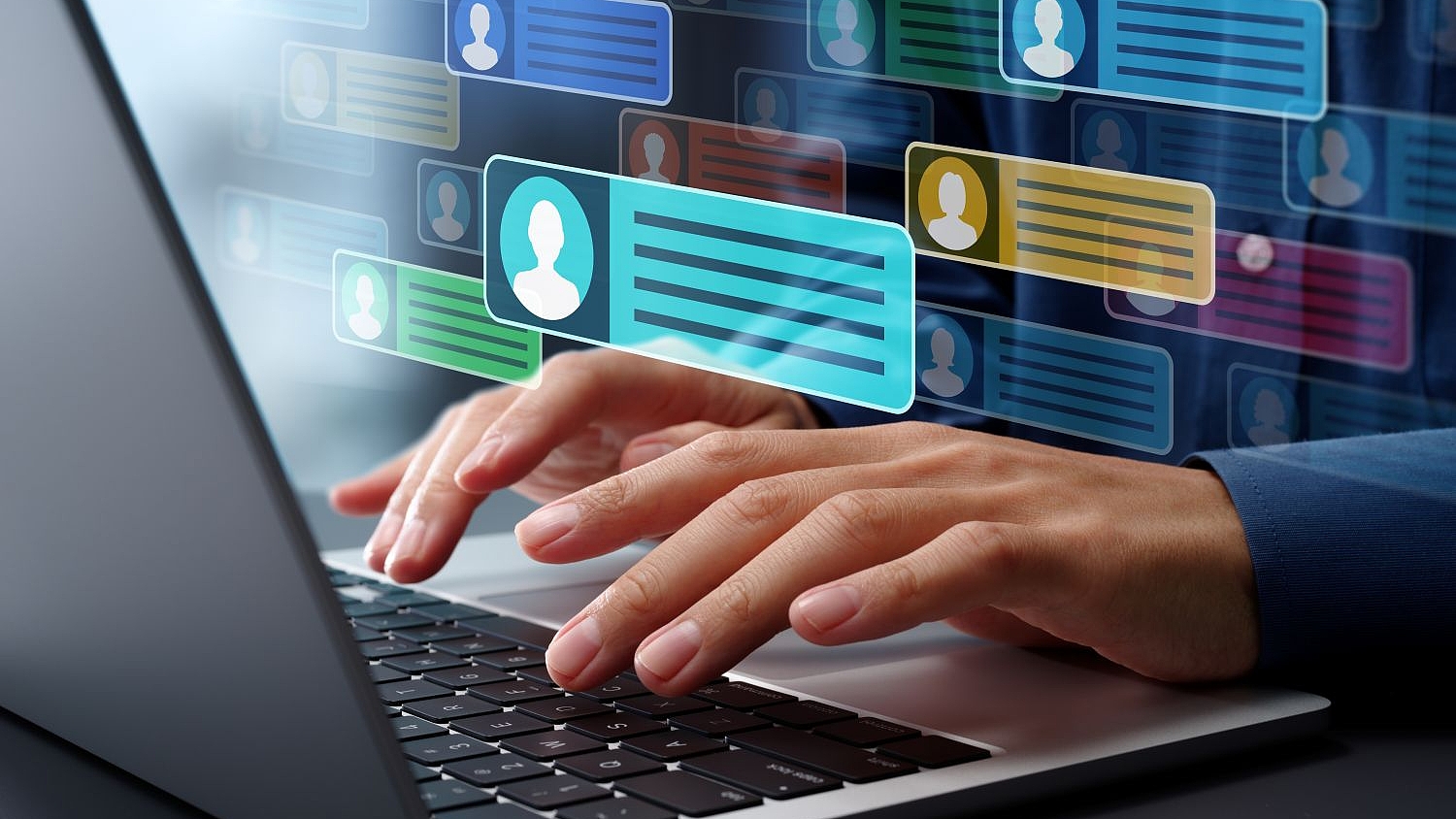 Businessman messaging team with using laptop computer. Collaboration platform. Employee communication and knowledge sharing on discussion forums in internal social network.